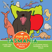 Fun in Tasmania Activity Pack: Sticker sheet, Postcard, 8 Colouring Pencils, Poster, Puzzles